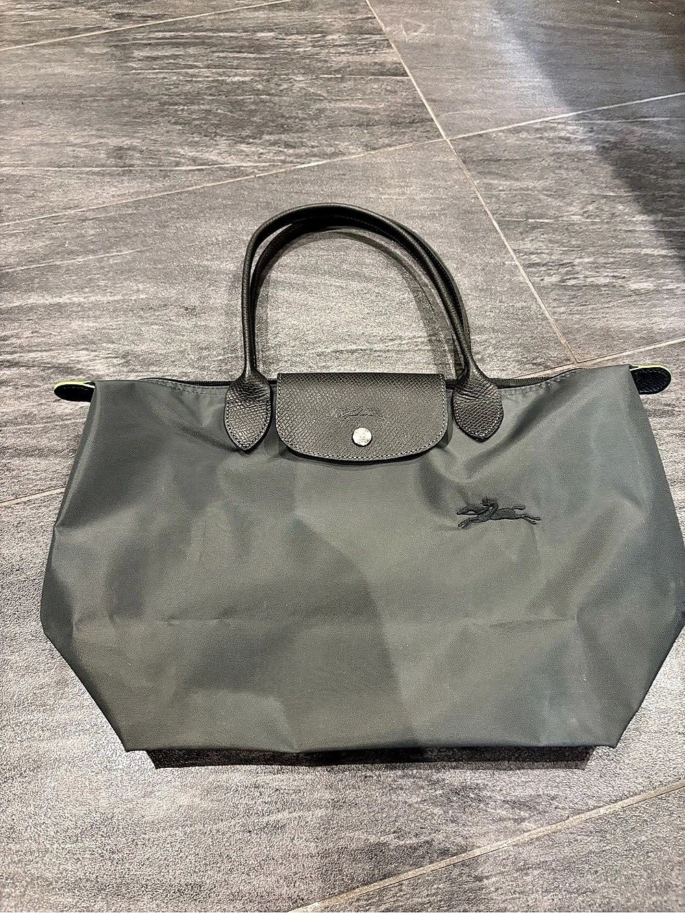 Longchamp Le Pliage Charcoal Grey Nylon Leather Tote Bag Like New